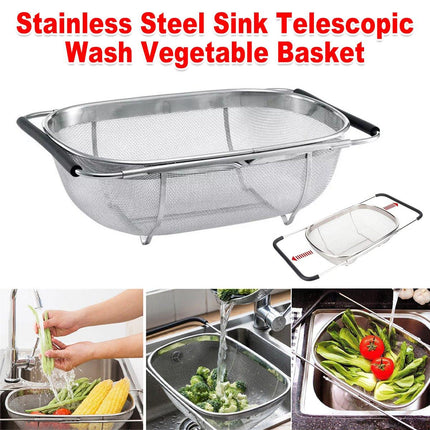Stainless Steel Dishwashing Basket Telescopic Fruit Drain Basket Kitchen Shelf