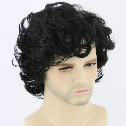 Mens Short Curly Hair Wig Black Natural Looking Hairpiece for Daily Costume Use