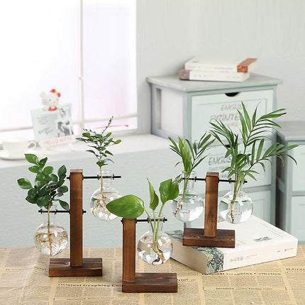 Wooden Stand Glass Flower Vase Hydroponic Hanging Plant Terrarium Container - Aimall