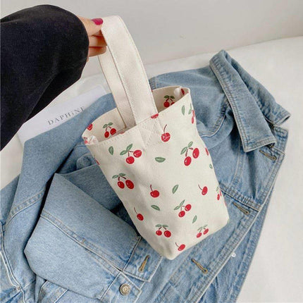 2pcs Cartoon Printed Canvas Bag Cute Casual Handbag Cup Holder Tote Bag Set