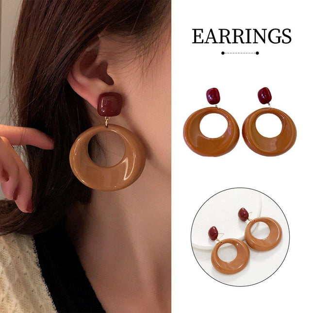 Vintage Caramel Large Circle Dangle Earrings Women Girls Retro Boho Fashion
