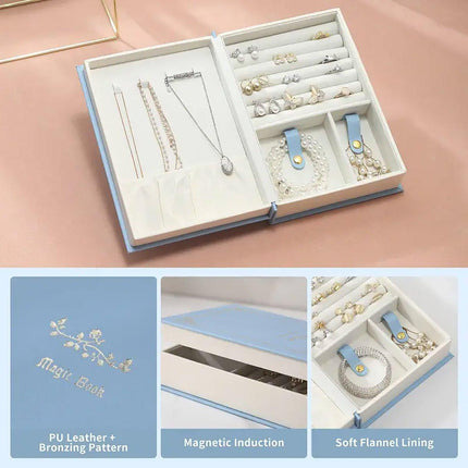 Creative PU Leather Jewelry Box Book Earrings Rings Necklace Organizer Holder
