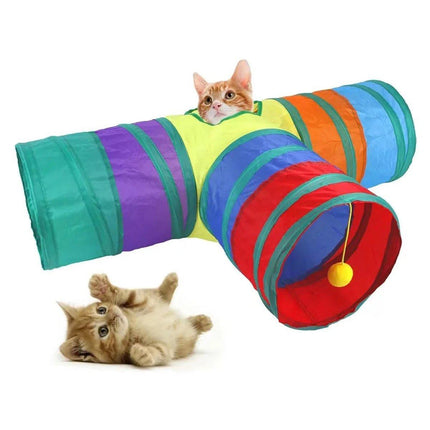 Foldable Rainbow Cat Tunnel Interactive Pet Toy with Tee Shape Fun Play Tunnel