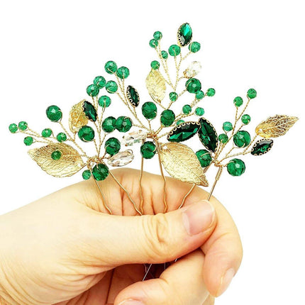 Wedding Bridal U Shaped Hairpins Emerald Green Leaf Bun Clips Women Rhinestone