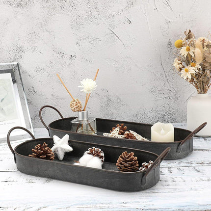 2Pcs Metal Galvanized Tray Metal Decor Chic Farmhouse Tray Centerpiece Oval Tray
