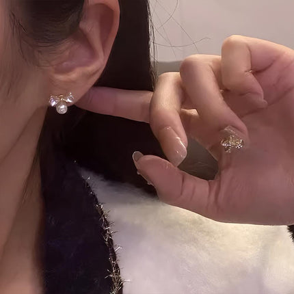 White Zircon Crystal Pearl Bow Tie Stud Earrings Elegant Best Gift for Women - Aimall