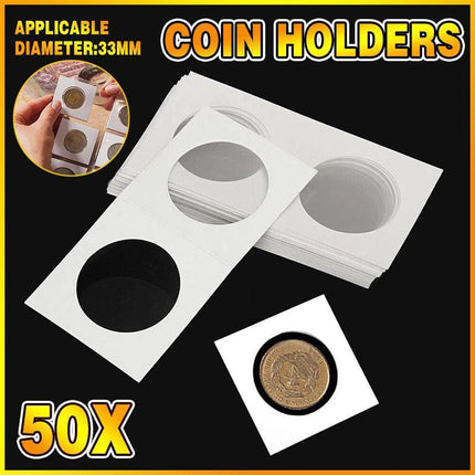 50x 33mm CARDBOARD COIN HOLDERS Staple Coin Holder Display Clear Window Folder - Aimall