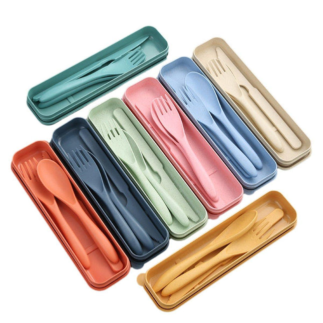 8 Sets Cutlery Wheat Straw Reusable Spoon Fork Knife Travel Portable Tableware