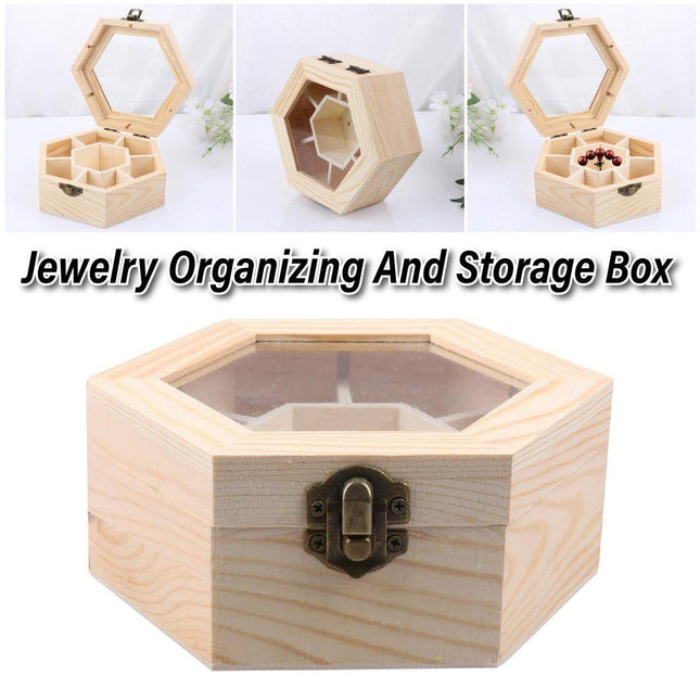 Hexagonal Seven Jewelry Compartment Wooden Organizer Desktop Finishing Box
