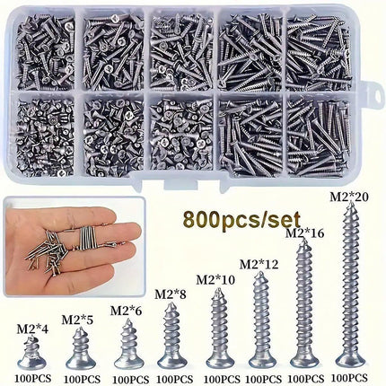 800Pcs M2 Kit Assorted  Self Tapping Screw Cross Flat Head