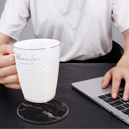 6x Coasters with Holder Marble Texture Round Cup Mat Pad Set For Drinks - Aimall