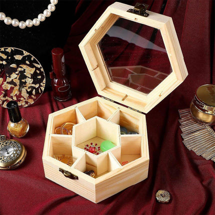 Hexagonal Seven Jewelry Compartment Wooden Organizer Desktop Finishing Box