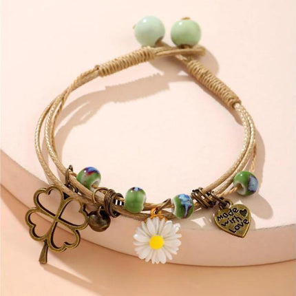 Flower Pendant Waxed Thread Rope Ceramic Beaded Wristband Bracelet Birthday Gift - Aimall