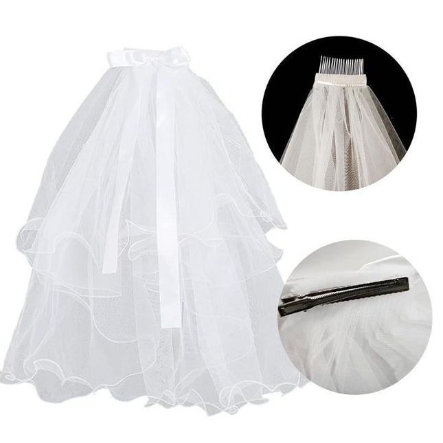 Bow Flower Girl Children Kids Hair Head Veil pearl with Lamp Flashing Wedding - Aimall