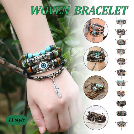 Turquoise Woven Leather Multi Layered Beaded Bracelet with Wood Beads Women