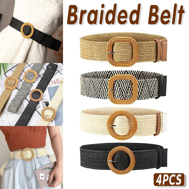 4PCS Womens Woven Cotton Linen Belt Set Round Square Buckle Long Shirt Dress