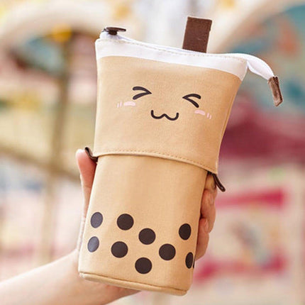 Cute Bubble Tea Cartoon Stationery Box Retractable Standing Pencil Holder Case