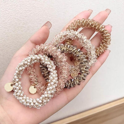 Women Rope Scrunchie Ponytail Holder Pearl Beads Elastic Hair Band Hair Tie Rope - Aimall