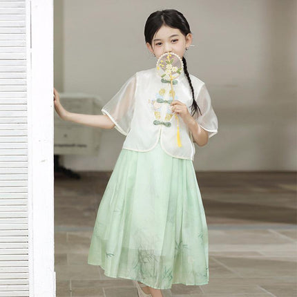 Traditional Chinese Style Girls Hanfu Vest Cardigan and Skirt Set for Costume