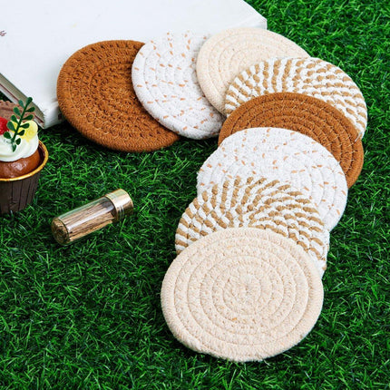 8PCS Round Cotton Woven Coaster Heat Resistant Thick Insulation Dining Table Mat