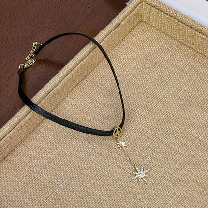Unique Octagram Star Pendant Leather Rope Necklace Fashion Jewelry for Women