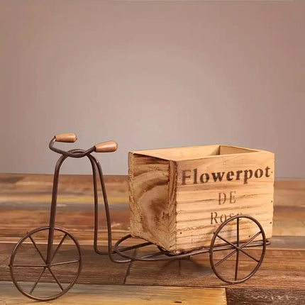 Retro Iron Bicycle Ornament with Wooden Flower Pot Green Plant Holder Decor