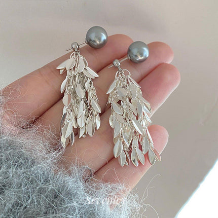Gray Leaf Tassel Earrings pearl stud Sparkling Fashion Jewelry Women Gifts