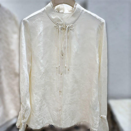 Elegant Retro Chinese Style Satin Top with Fringe and Disc Buckle Design for Women