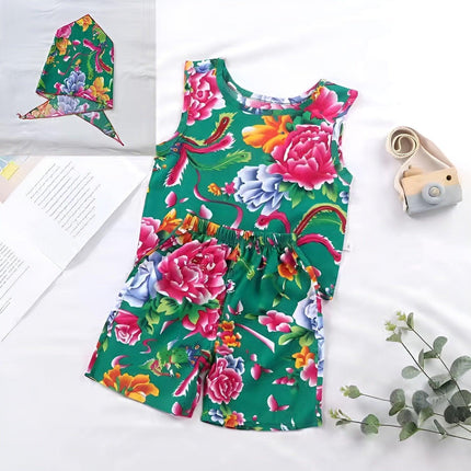 Floral Print Summer Outfit Cotton Vest Shorts and Scarf Three-Piece Set