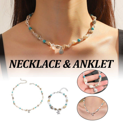 Sea Shell Conch Starfish Anklet Necklace Set for Women Beach Jewelry Gift