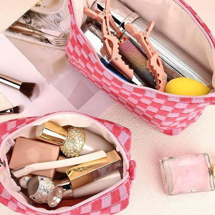Checkerboard Makeup Bag Large Capacity Knitted Storage Bag Portable Toiletry