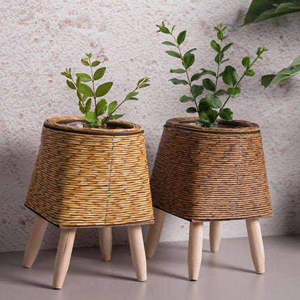 Indoor Rattan Trellis Planter Tabletop Plant Container Straw Planter for Home