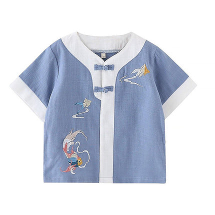 Boys Chinese Traditional Outfit Summer Cotton Linen Short Sleeve Top