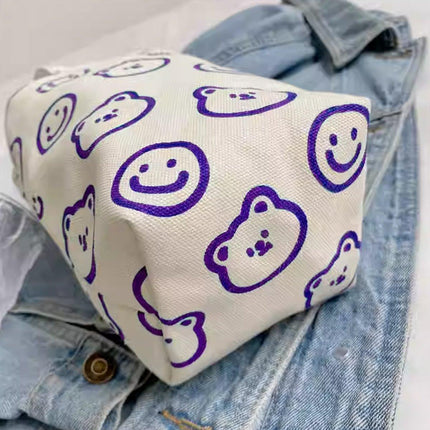 2pcs Cartoon Printed Canvas Bag Cute Casual Handbag Cup Holder Tote Bag Set