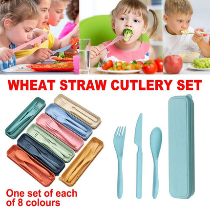 8 Sets Cutlery Wheat Straw Reusable Spoon Fork Knife Travel Portable Tableware