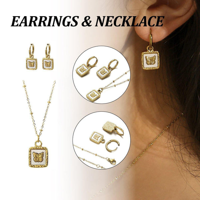 Vintage Butterfly Pendant Necklace and Earrings Set Fashion Jewelry Gift for Her