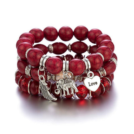 3PC Women's Boho Wooden Natural Stone Beads Tassel Bracelet Set Bodhi Beaded