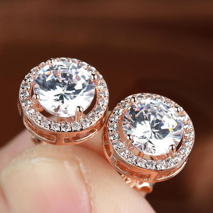 Red Garnet Diamond Halo Round Stud Earring Push Back Rose Gold Plated Women Gift - Aimall