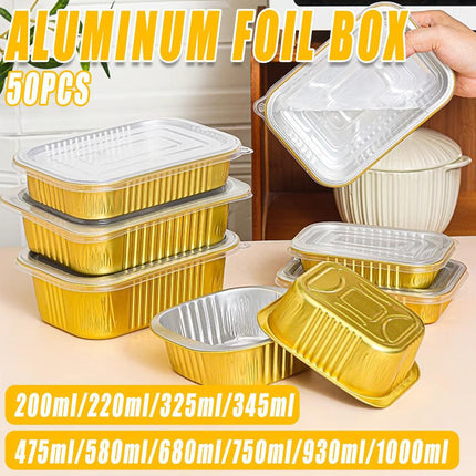 50 PCS Thickened Foil Box with Plastic Lid Rectangular Aluminum Foil