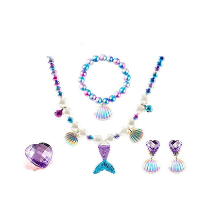 Girls Mermaid Fishtail Jewelry Set Necklace Bracelet Shell Earrings Ring Gift