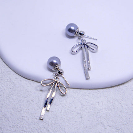 Grey Pearl Ribbon Long Tassel Earrings Elegant Fashion Jewelry for Women Gift