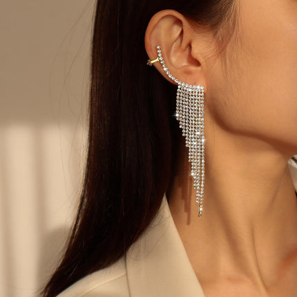 Bling Dangle Drop Tassel Earrings Long Tassel Rhinestone Rhinestone Earrings - Aimall