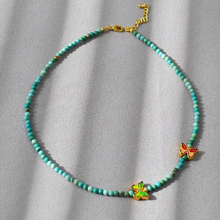 New Chinese Turquoise Butterfly Beaded Necklace and Bracelet Set Women