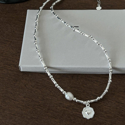 Handmade S925 Silver Bamboo Link Medallion Pearl Pendant Necklace INS Style Jewelry