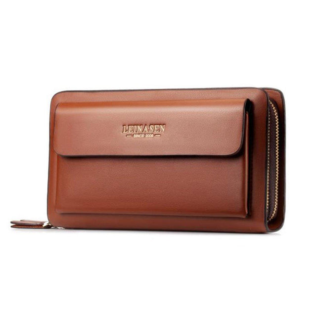Commuter Clutch Bag for Men Long Leather Wallet Handbag Casual Travel Purse