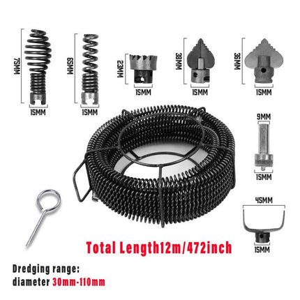 12M Plumber Drain Snake Pipe Cleaner with 6 Drill Bits Black Pipeline Sewer Tool