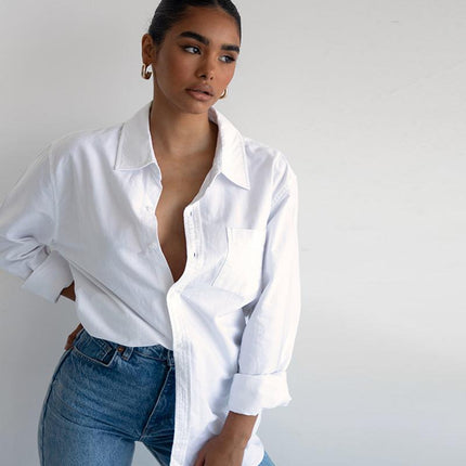 Ladies Womens Plain Long Sleeve Work Shirt Collar Office Formal Blouse Easy Care - Aimall