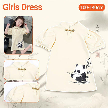 Short Sleeve Panda Print Dress Summer Outfit with Mandarin Collar for Girls