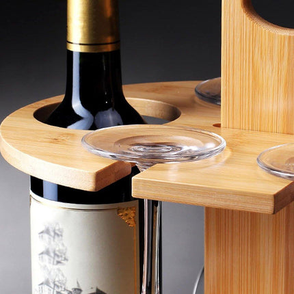 Wooden Wine Rack Free Standing 2Bottles with 4Glasses Holder Bamboo Wine Storage