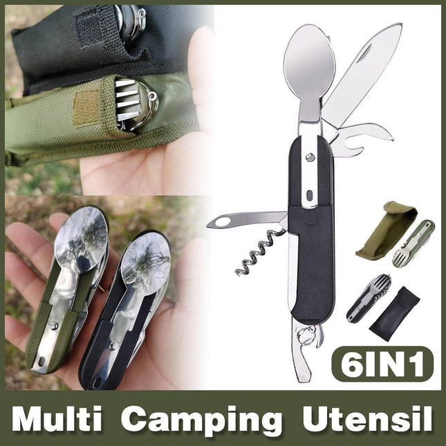 6in1 Portable Folding Knife Fork Spoon Set Outdoor Multi Functional Tableware